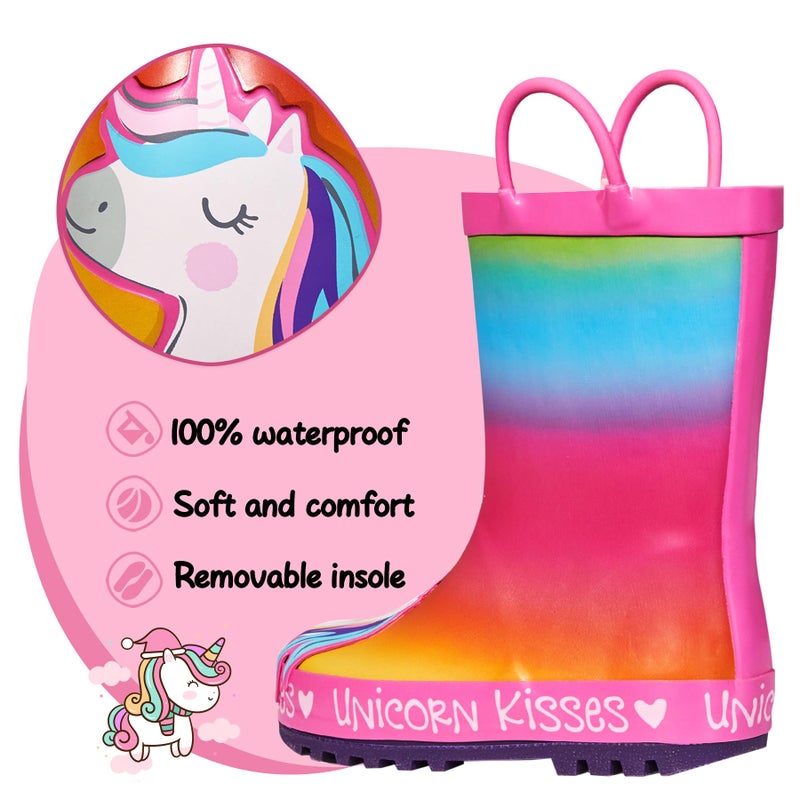 K KomForme Kids Rain Boots Waterproof Printed Rubber boots with Handles, Size 1 Big Kid, Unicorn Kisses - Image 3